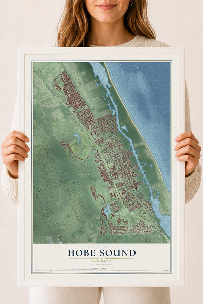 Hobe Sound, Florida map print, 18" x 24" W/ White Ayous Wood Frame mockup