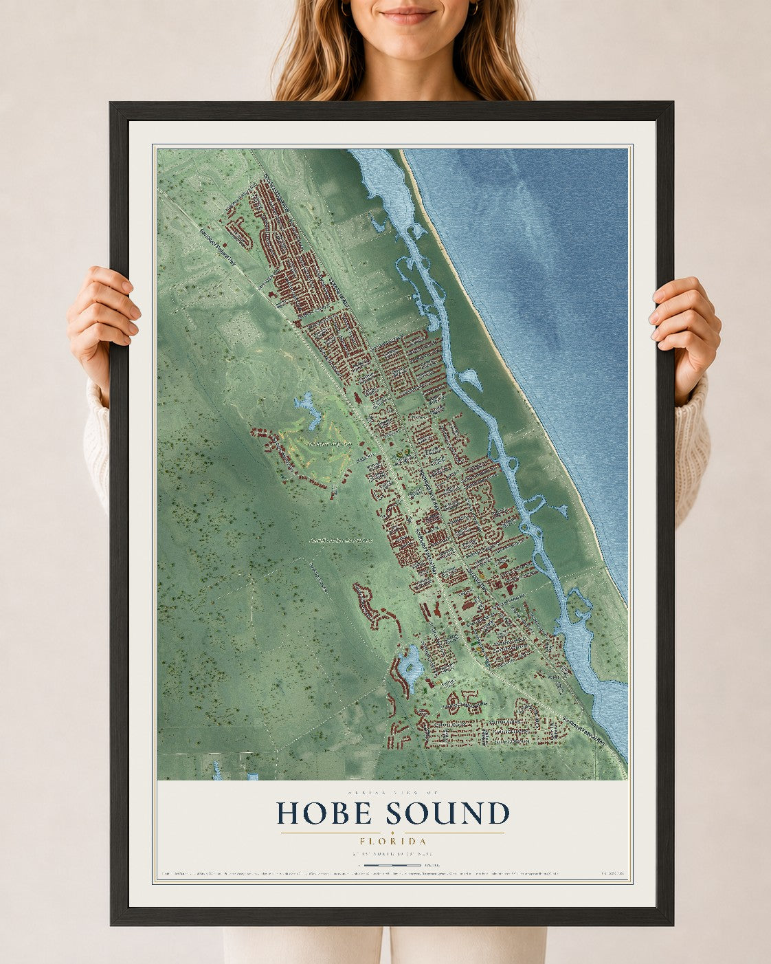 Hobe Sound, Florida map print, 24" x 36" W/ Black Ayous Wood Frame mockup