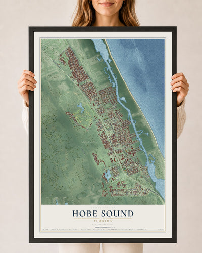 Hobe Sound, Florida map print, 24" x 36" W/ Black Ayous Wood Frame mockup