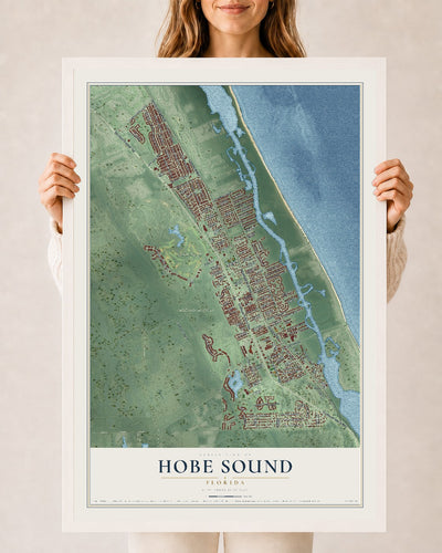 Hobe Sound, Florida map print, 24" x 36" W/ White Ayous Wood Frame mockup