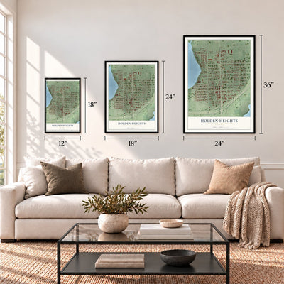 Holden Heights, Florida map in 12 x 18, 18 x 24 and 24 x 36 inch sizes above a sofa