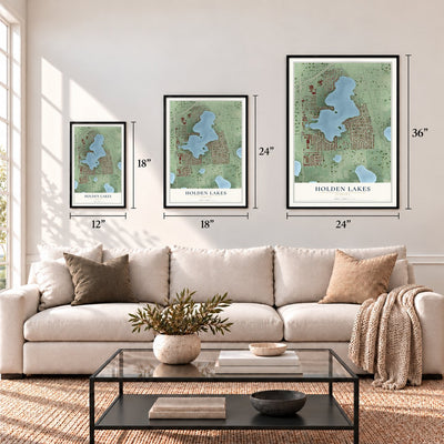 Holden Lakes, Florida map in 12 x 18, 18 x 24 and 24 x 36 inch sizes above a sofa