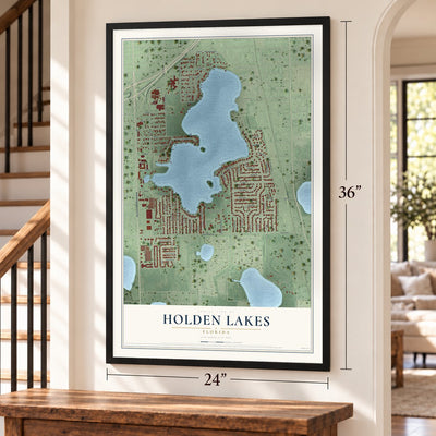 Holden Lakes, Florida map, 24 x 36 inch print in a black frame by a staircase