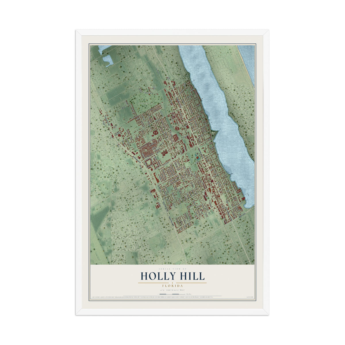 Holly Hill, Florida map print, 12" x 18" W/ White Ayous Wood Frame mockup