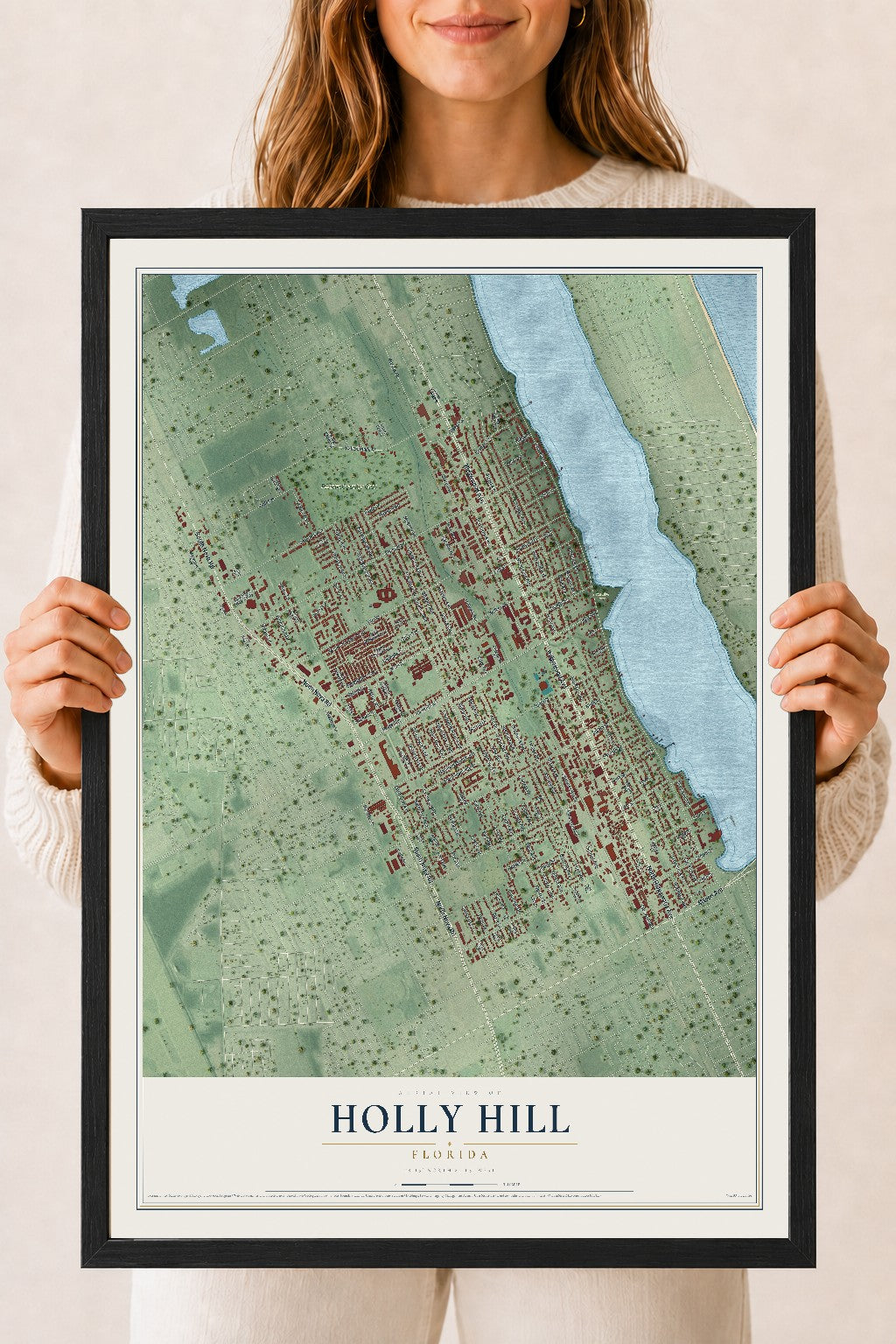 Holly Hill, Florida map print, 18" x 24" W/ Black Ayous Wood Frame mockup