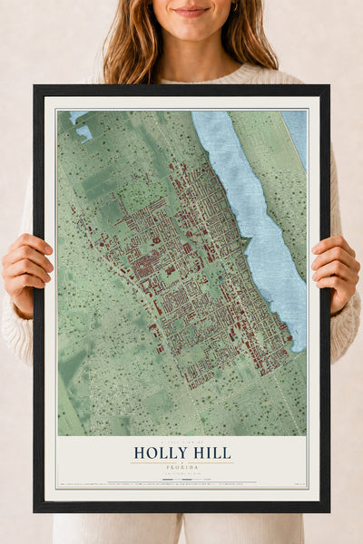 Holly Hill, Florida map print, 18" x 24" W/ Black Ayous Wood Frame mockup