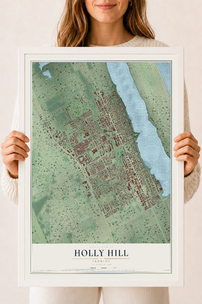 Holly Hill, Florida map print, 18" x 24" W/ White Ayous Wood Frame mockup