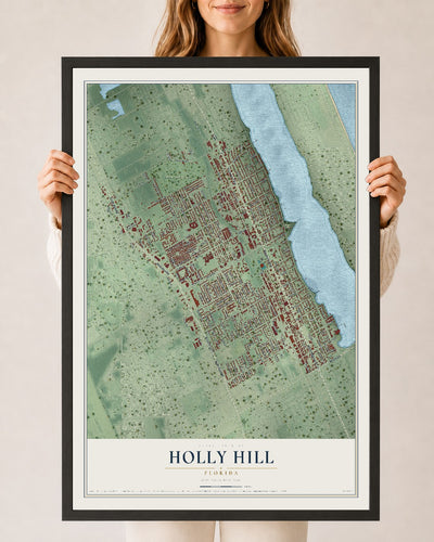 Holly Hill, Florida map print, 24" x 36" W/ Black Ayous Wood Frame mockup