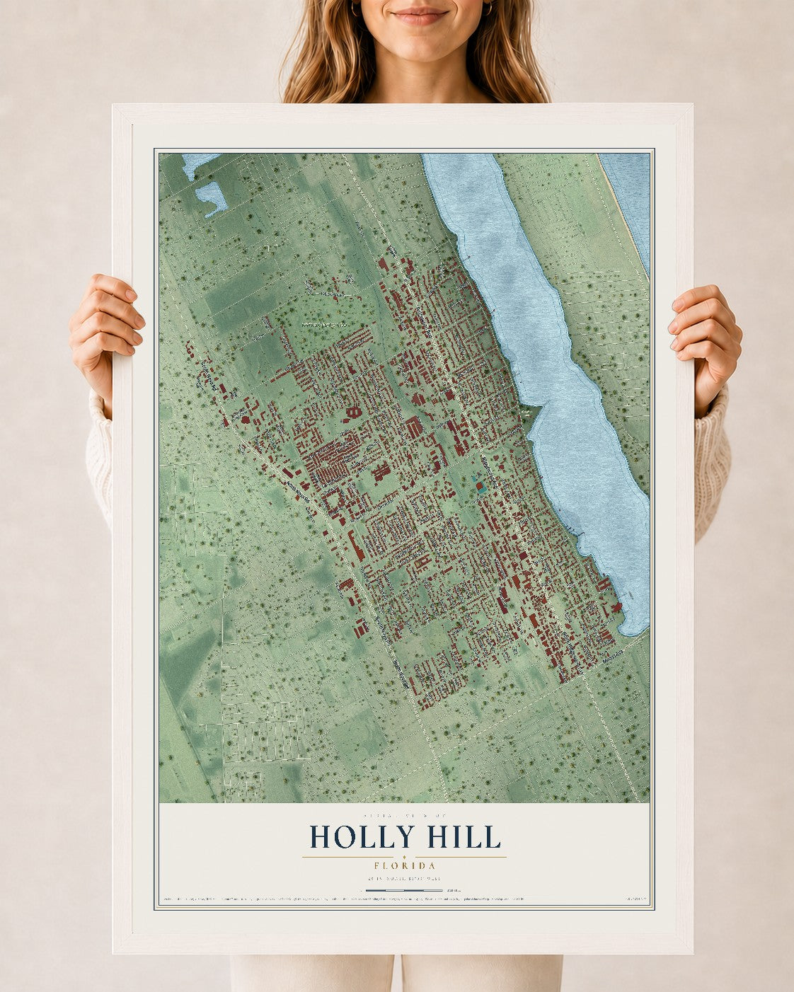 Holly Hill, Florida map print, 24" x 36" W/ White Ayous Wood Frame mockup