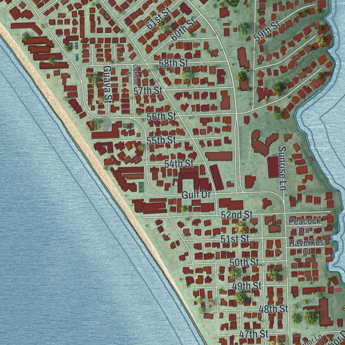 Close-up 2 of the Holmes Beach, Florida map artwork