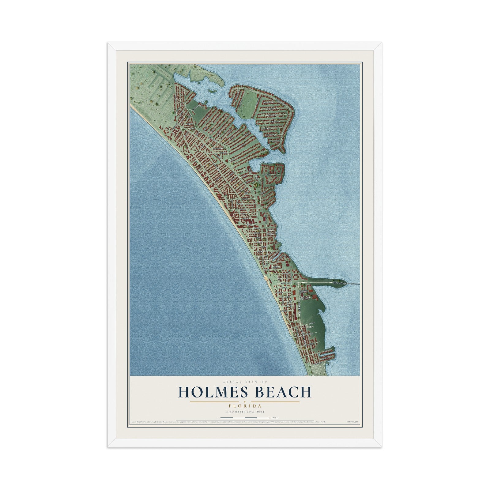 Holmes Beach, Florida map print, 12" x 18" W/ White Ayous Wood Frame mockup
