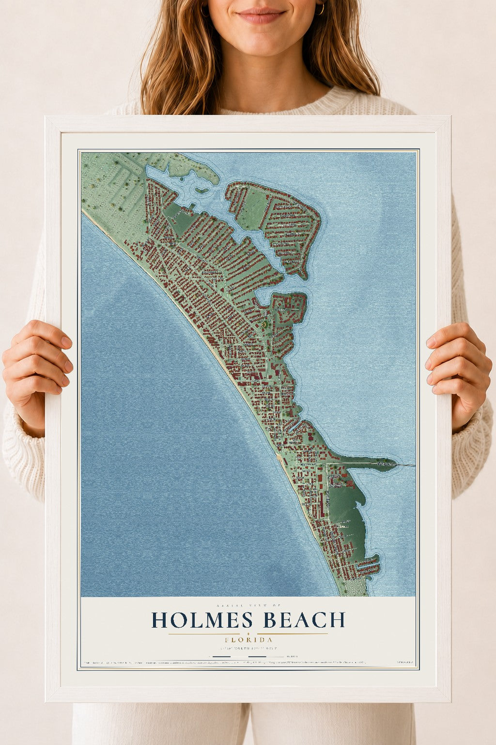 Holmes Beach, Florida map print, 18" x 24" W/ White Ayous Wood Frame mockup