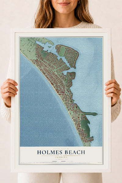 Holmes Beach, Florida map print, 18" x 24" W/ White Ayous Wood Frame mockup