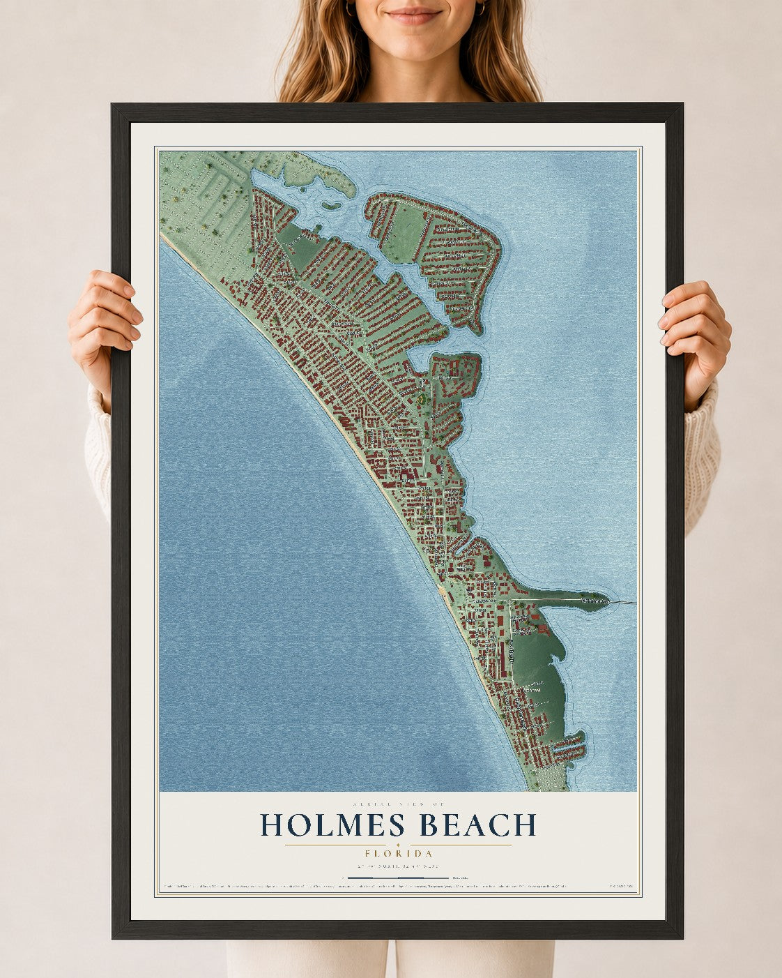 Holmes Beach, Florida map print, 24" x 36" W/ Black Ayous Wood Frame mockup