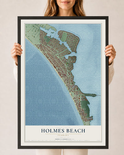 Holmes Beach, Florida map print, 24" x 36" W/ Black Ayous Wood Frame mockup