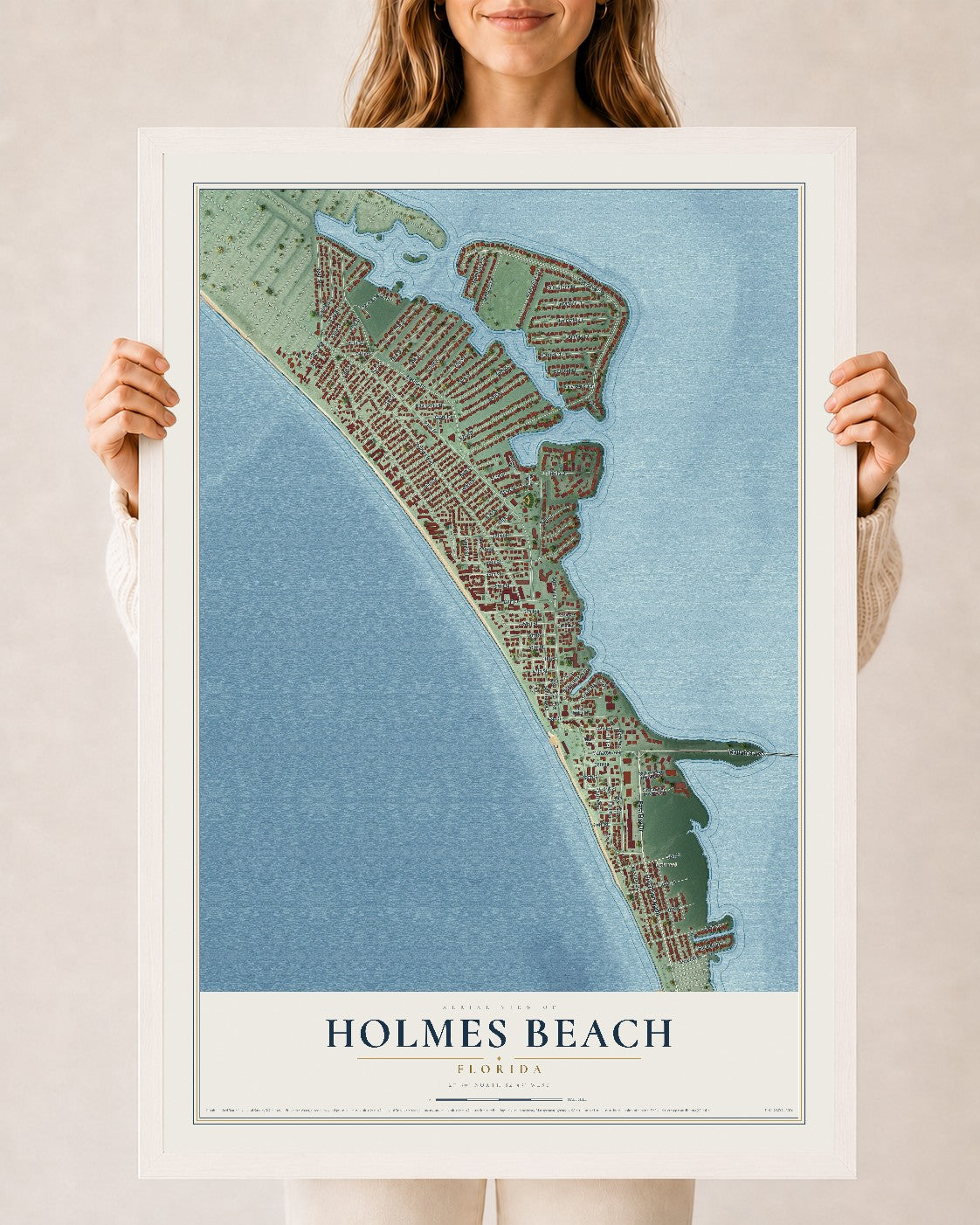 Holmes Beach, Florida map print, 24" x 36" W/ White Ayous Wood Frame mockup