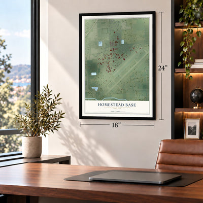 Homestead Base, Florida map, 18 x 24 inch print in a black frame in a home office