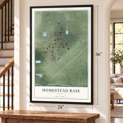 Homestead Base, Florida map, 24 x 36 inch print in a black frame by a staircase