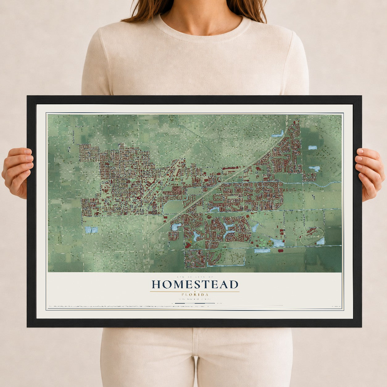 Homestead, Florida map print, 12" x 18" W/ Black Ayous Wood Frame mockup