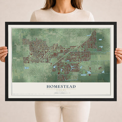 Homestead, Florida map print, 18" x 24" W/ Black Ayous Wood Frame mockup