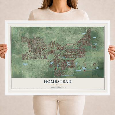Homestead, Florida map print, 18" x 24" W/ White Ayous Wood Frame mockup