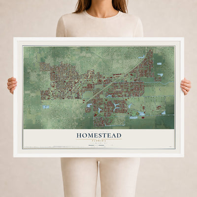 Homestead, Florida map print, 24" x 36" W/ White Ayous Wood Frame mockup