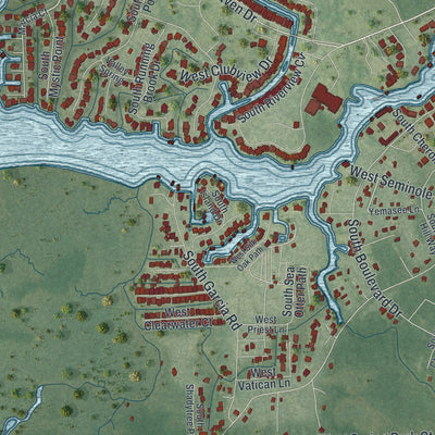 Close-up of the map of Homosassa, Florida print showing street and building detail