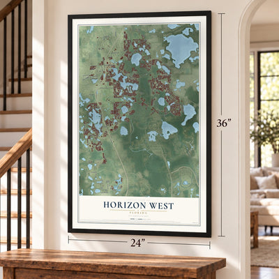 Horizon West, Florida map, 24 x 36 inch print in a black frame by a staircase