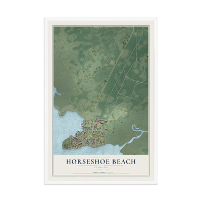 Horseshoe Beach, Florida map print, 12" x 18" W/ White Ayous Wood Frame mockup