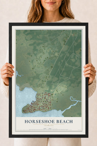 Horseshoe Beach, Florida map print, 18" x 24" W/ Black Ayous Wood Frame mockup