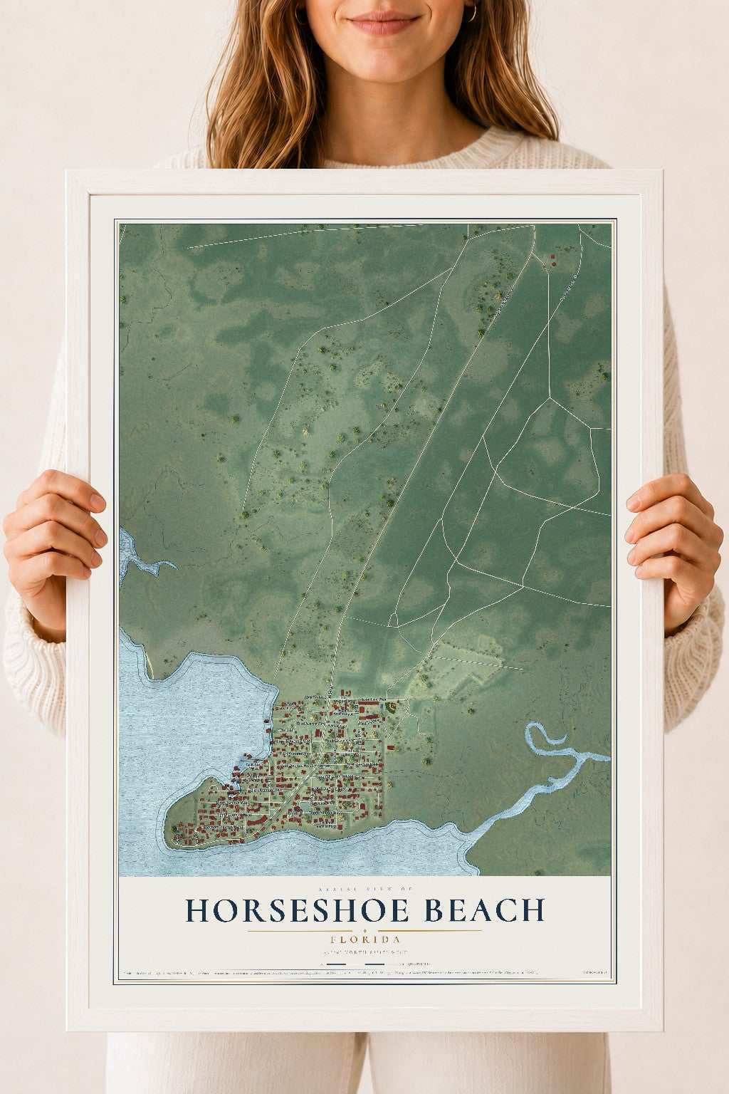 Horseshoe Beach, Florida map print, 18" x 24" W/ White Ayous Wood Frame mockup