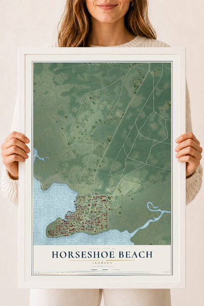 Horseshoe Beach, Florida map print, 18" x 24" W/ White Ayous Wood Frame mockup