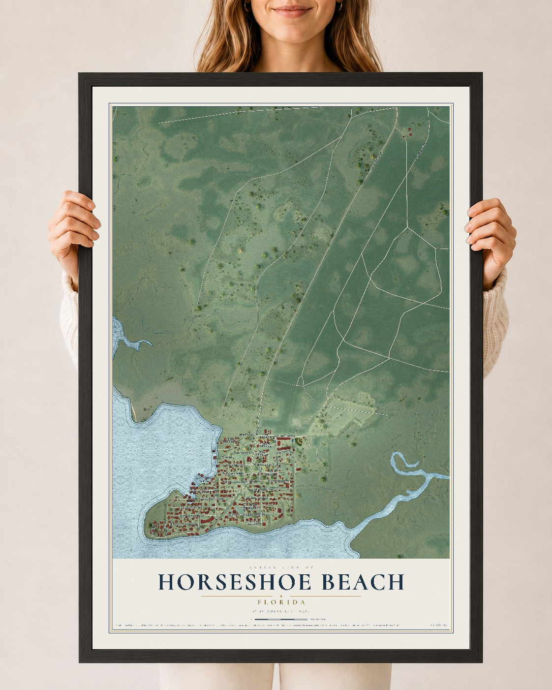 Horseshoe Beach, Florida map print, 24" x 36" W/ Black Ayous Wood Frame mockup