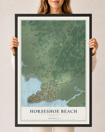 Horseshoe Beach, Florida map print, 24" x 36" W/ Black Ayous Wood Frame mockup