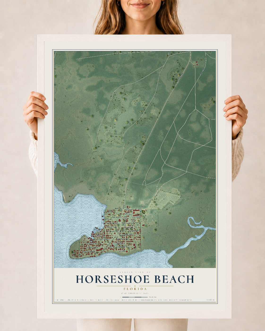 Horseshoe Beach, Florida map print, 24" x 36" W/ White Ayous Wood Frame mockup