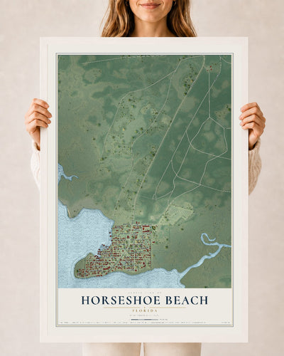 Horseshoe Beach, Florida map print, 24" x 36" W/ White Ayous Wood Frame mockup