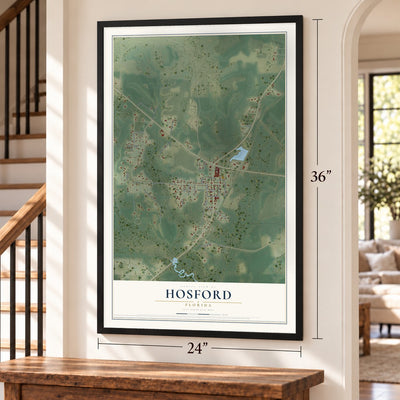 Hosford, Florida map, 24 x 36 inch print in a black frame by a staircase