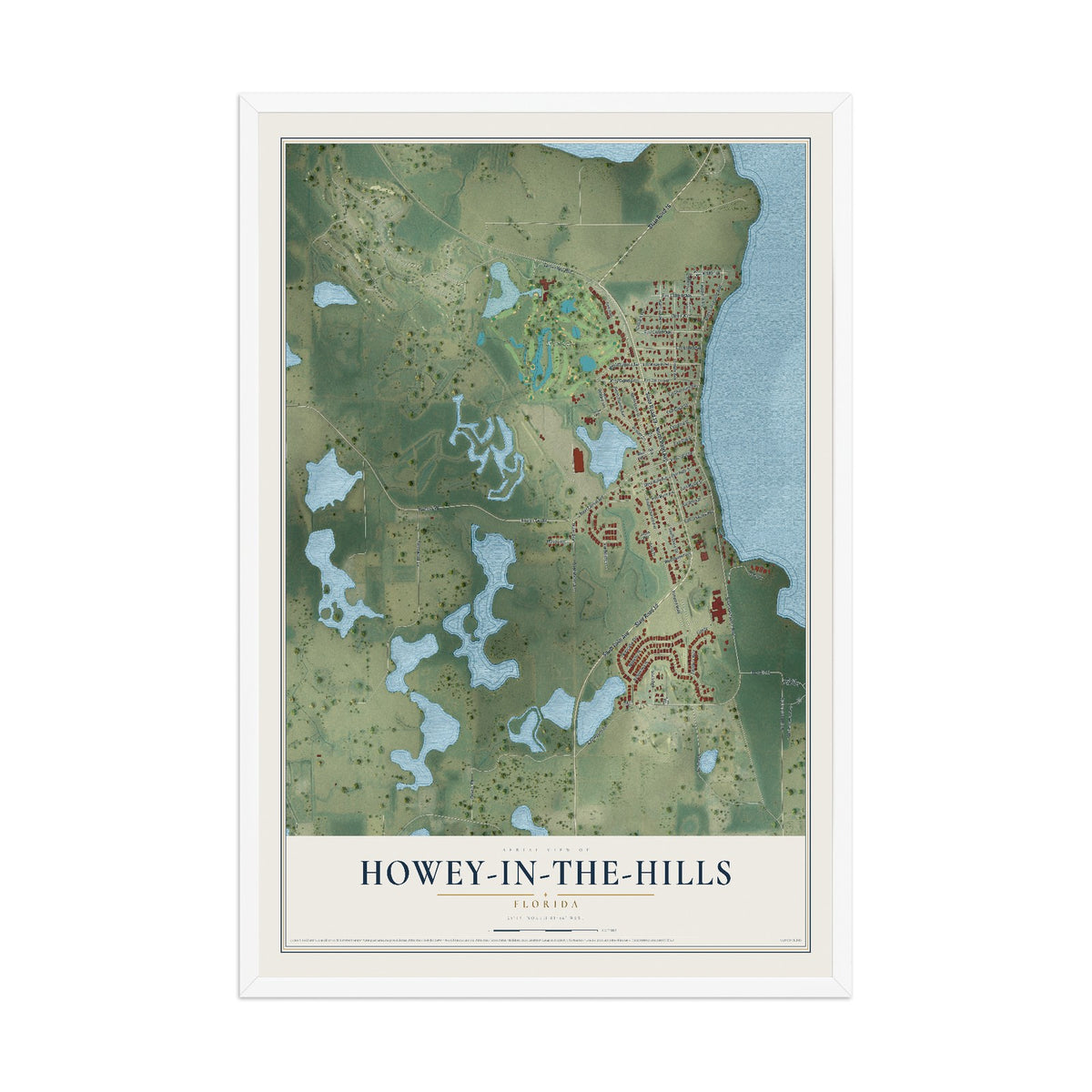 Howey-in-the-Hills, Florida map print, 12" x 18" W/ White Ayous Wood Frame mockup