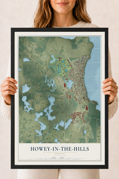 Howey-in-the-Hills, Florida map print, 18" x 24" W/ Black Ayous Wood Frame mockup