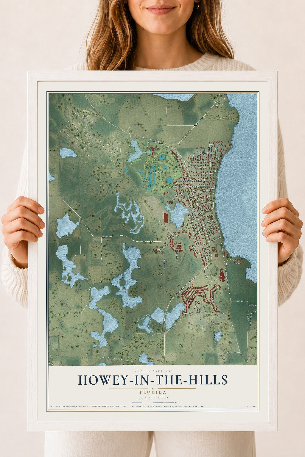 Howey-in-the-Hills, Florida map print, 18" x 24" W/ White Ayous Wood Frame mockup