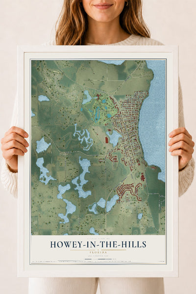 Howey-in-the-Hills, Florida map print, 18" x 24" W/ White Ayous Wood Frame mockup