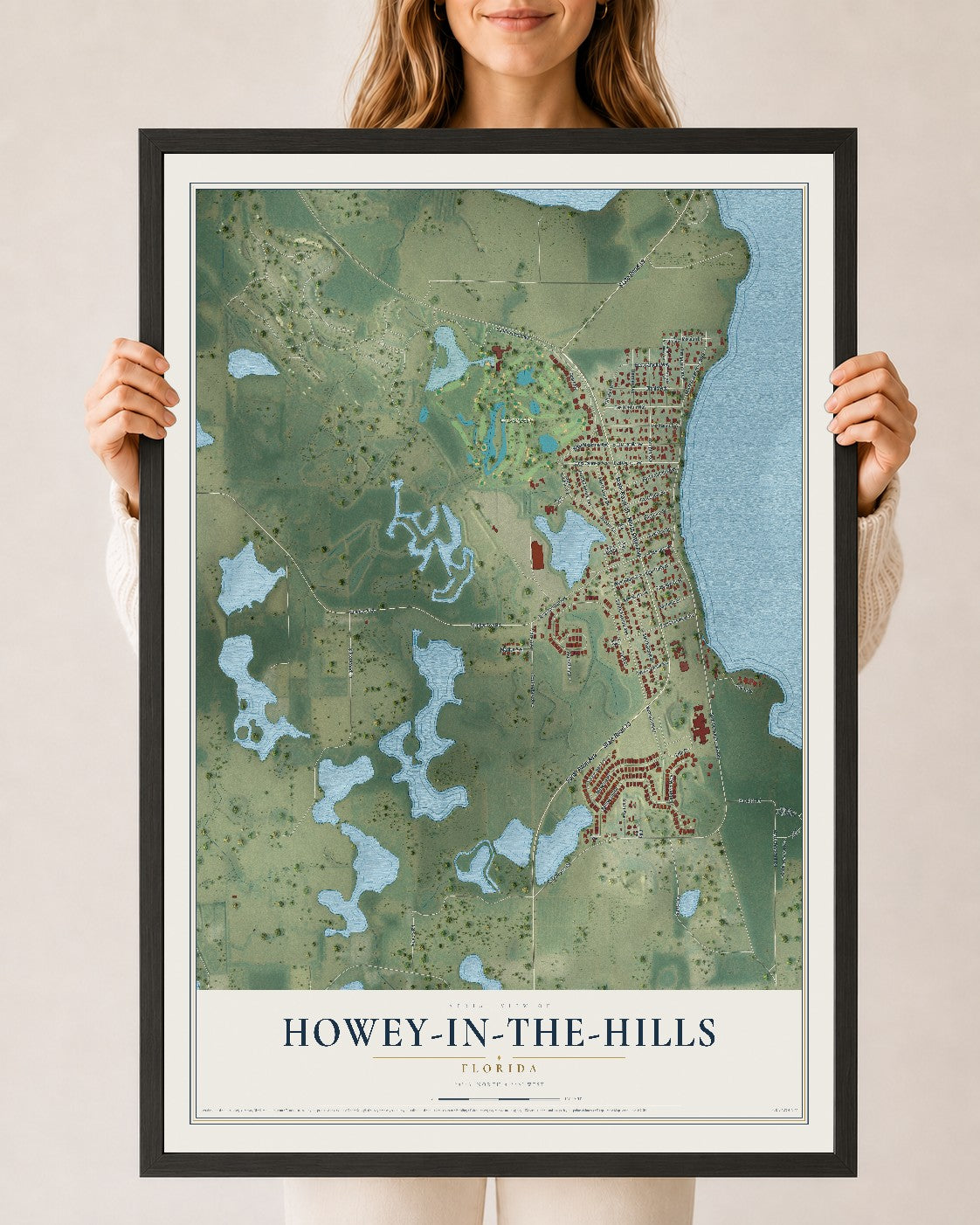 Howey-in-the-Hills, Florida map print, 24" x 36" W/ Black Ayous Wood Frame mockup
