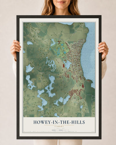 Howey-in-the-Hills, Florida map print, 24" x 36" W/ Black Ayous Wood Frame mockup