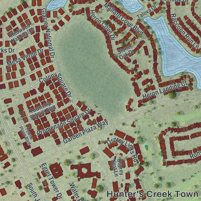 Close-up of the map of Hunters Creek, Florida print showing street and building detail