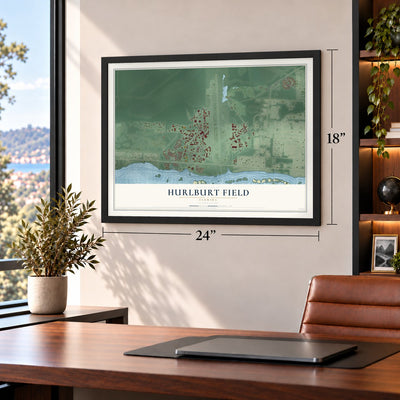 Hurlburt Field, Florida map, 18 x 24 inch print in a black frame in a home office