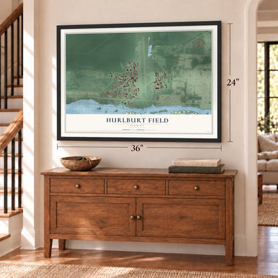 Hurlburt Field, Florida map, 24 x 36 inch print in a black frame above a dresser by a staircase