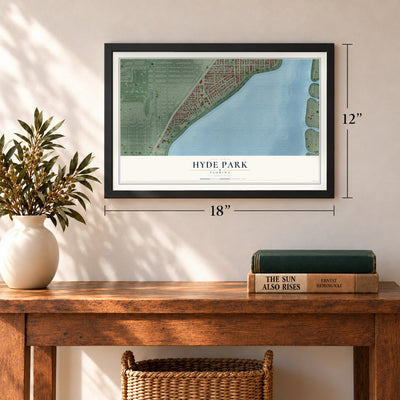 Hyde Park, Florida map, 12 x 18 inch print in a black frame in an entryway