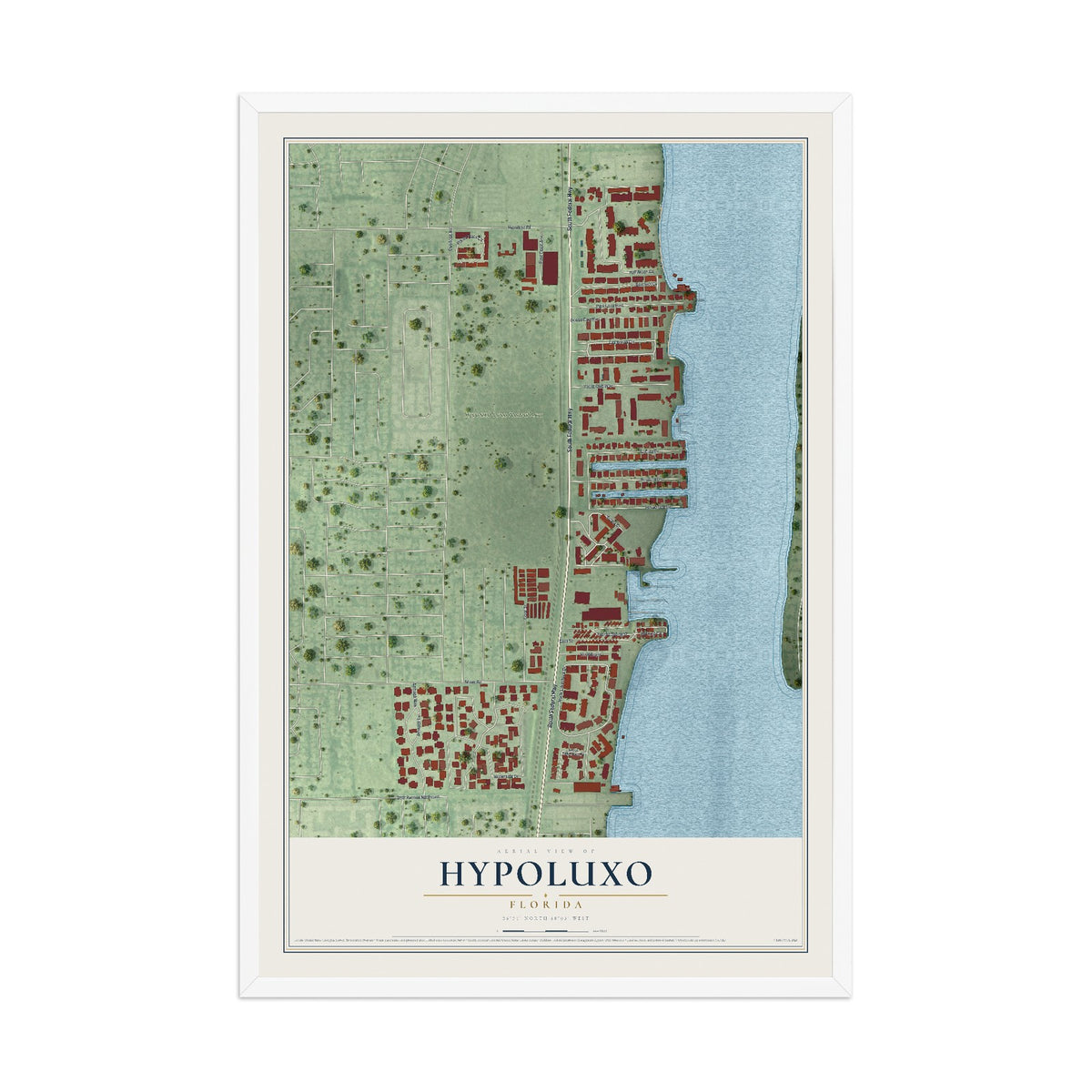 Hypoluxo, Florida map print, 12" x 18" W/ White Ayous Wood Frame mockup