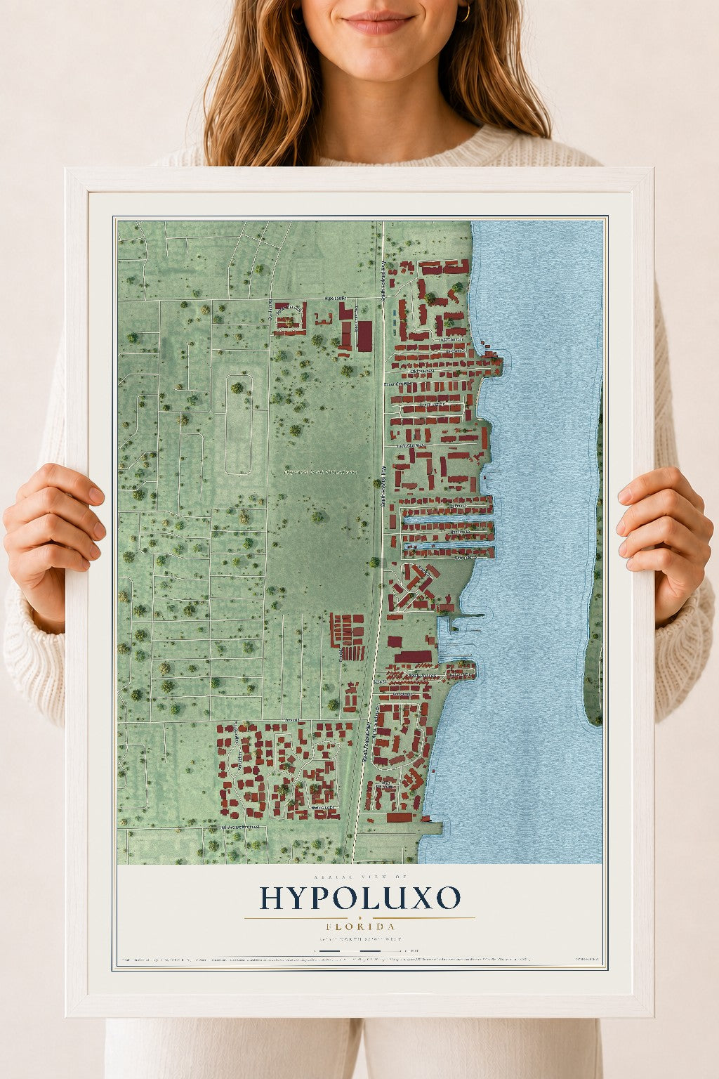 Hypoluxo, Florida map print, 18" x 24" W/ White Ayous Wood Frame mockup
