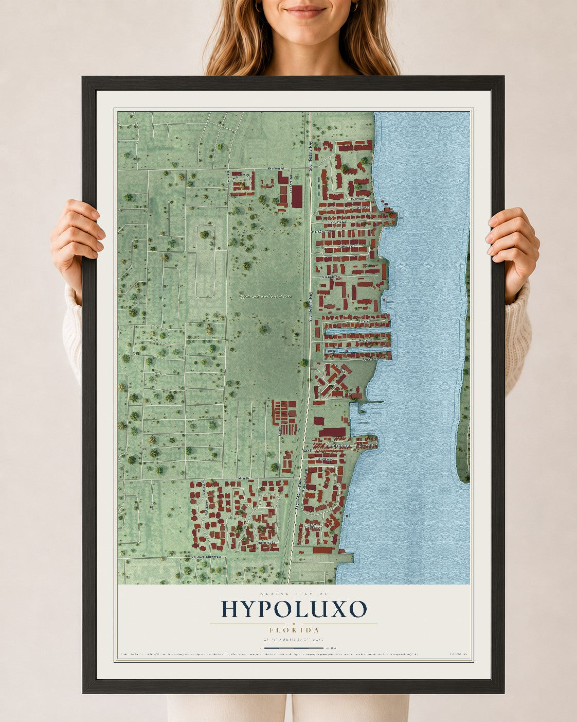 Hypoluxo, Florida map print, 24" x 36" W/ Black Ayous Wood Frame mockup